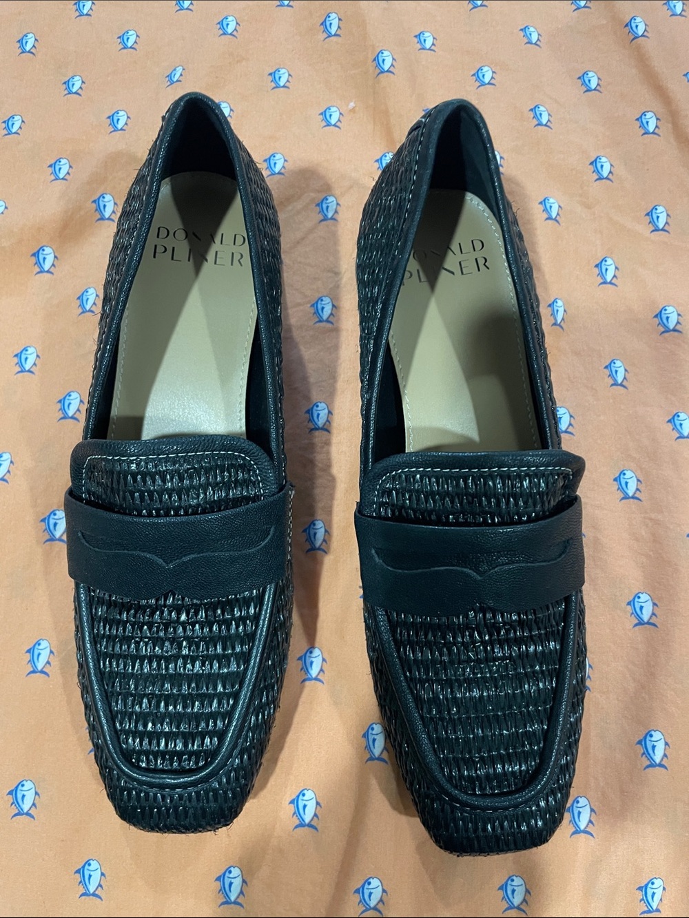 Donald J. Pliner Black Woven Leather Penny Loafers